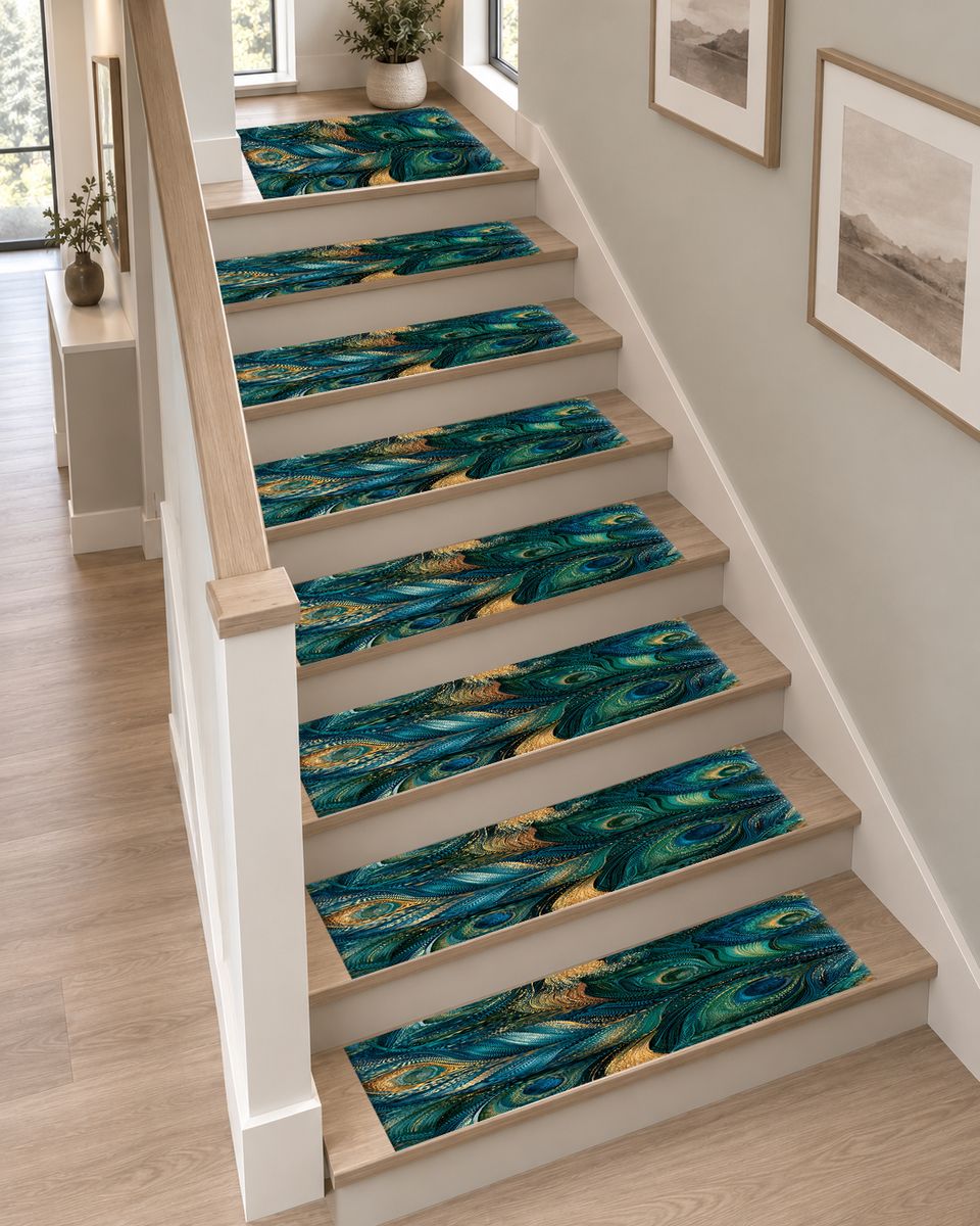 Blue Green Peacock Plume non-slip stair mat