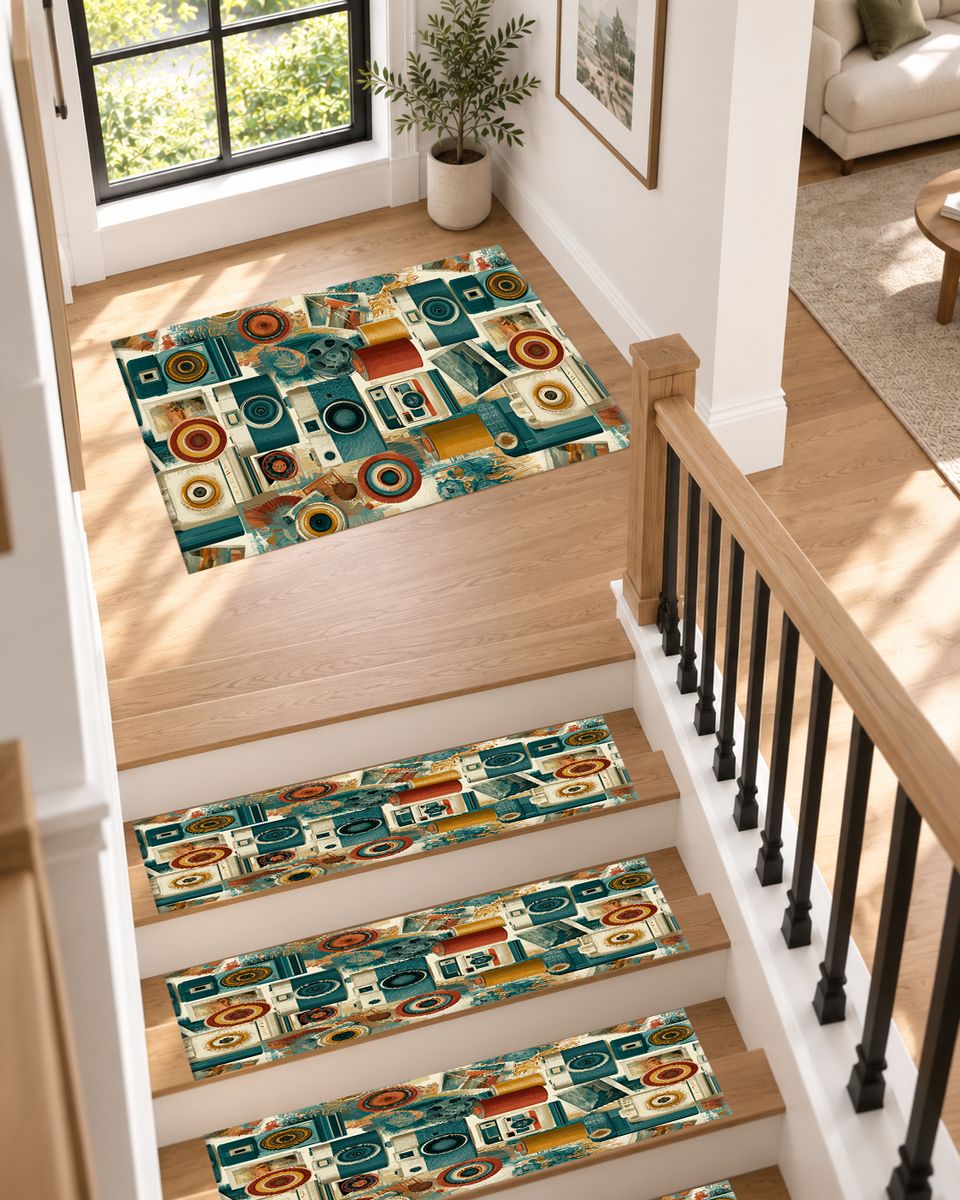 Retro Camera Collage non-slip stair mat
