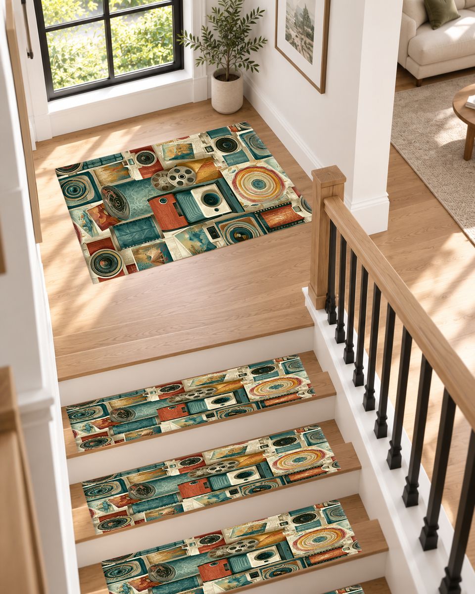Vintage Camera and Film Reel Collage non-slip stair mat
