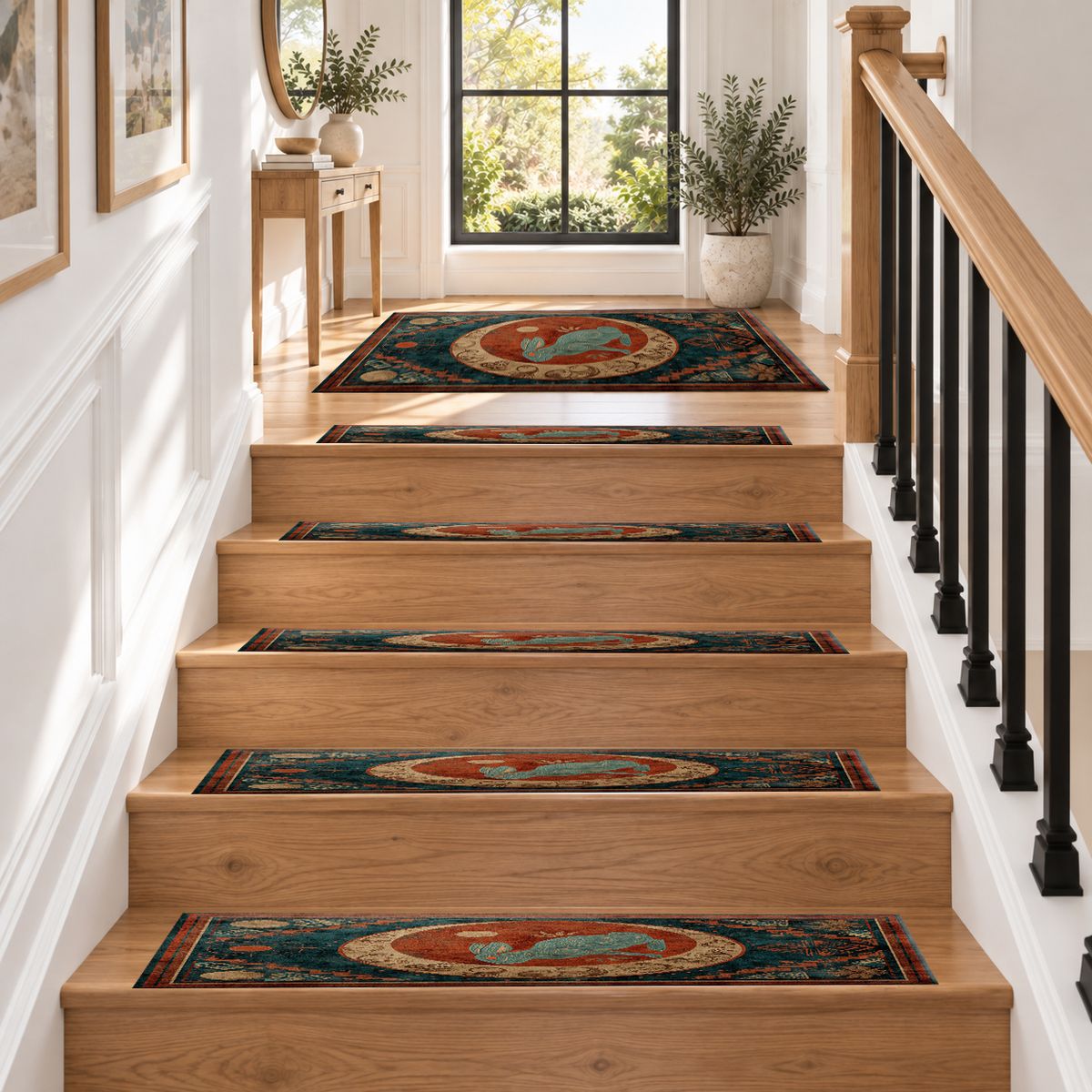 Teal Rabbit Moon Medallion non-slip stair mat