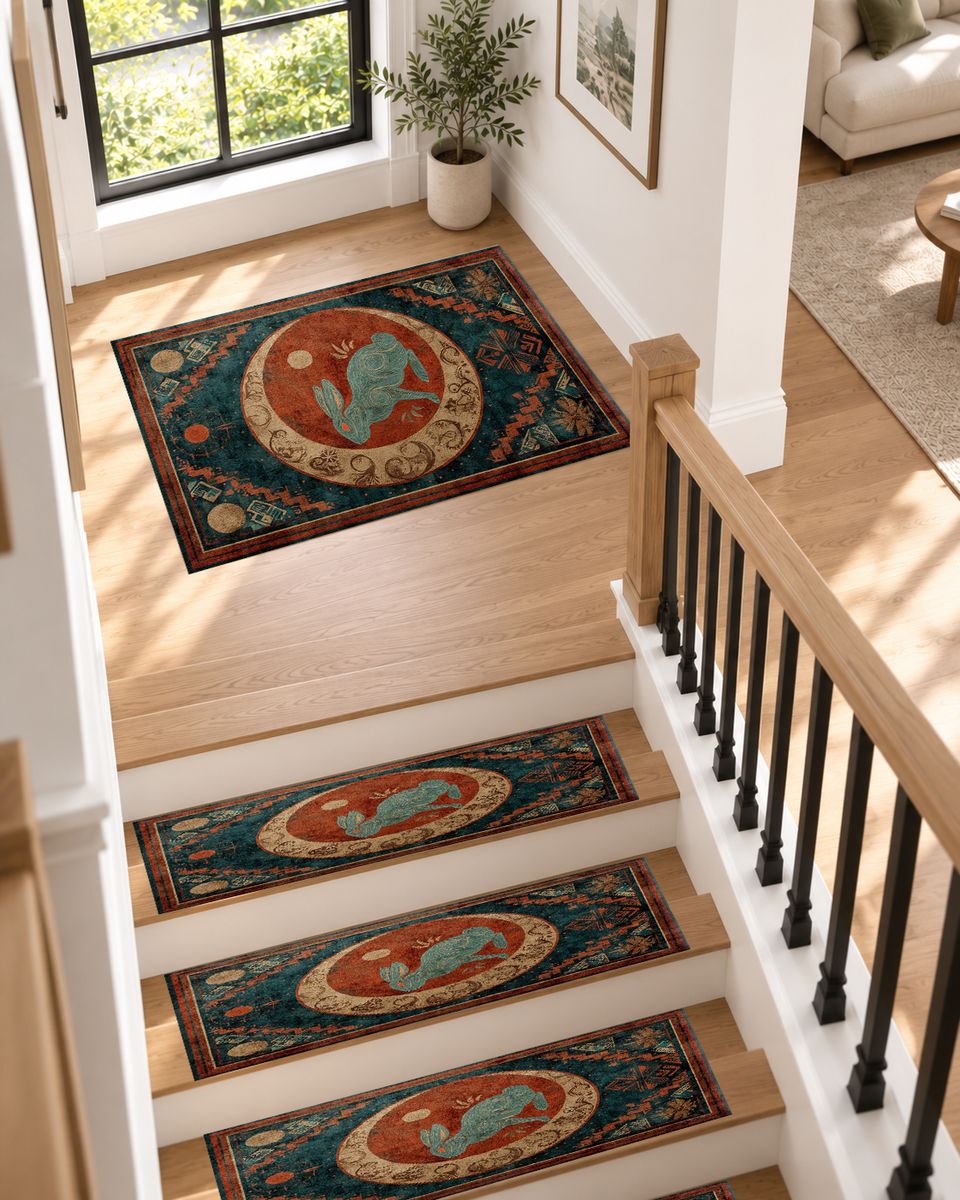 Teal Rabbit Moon Medallion non-slip stair mat
