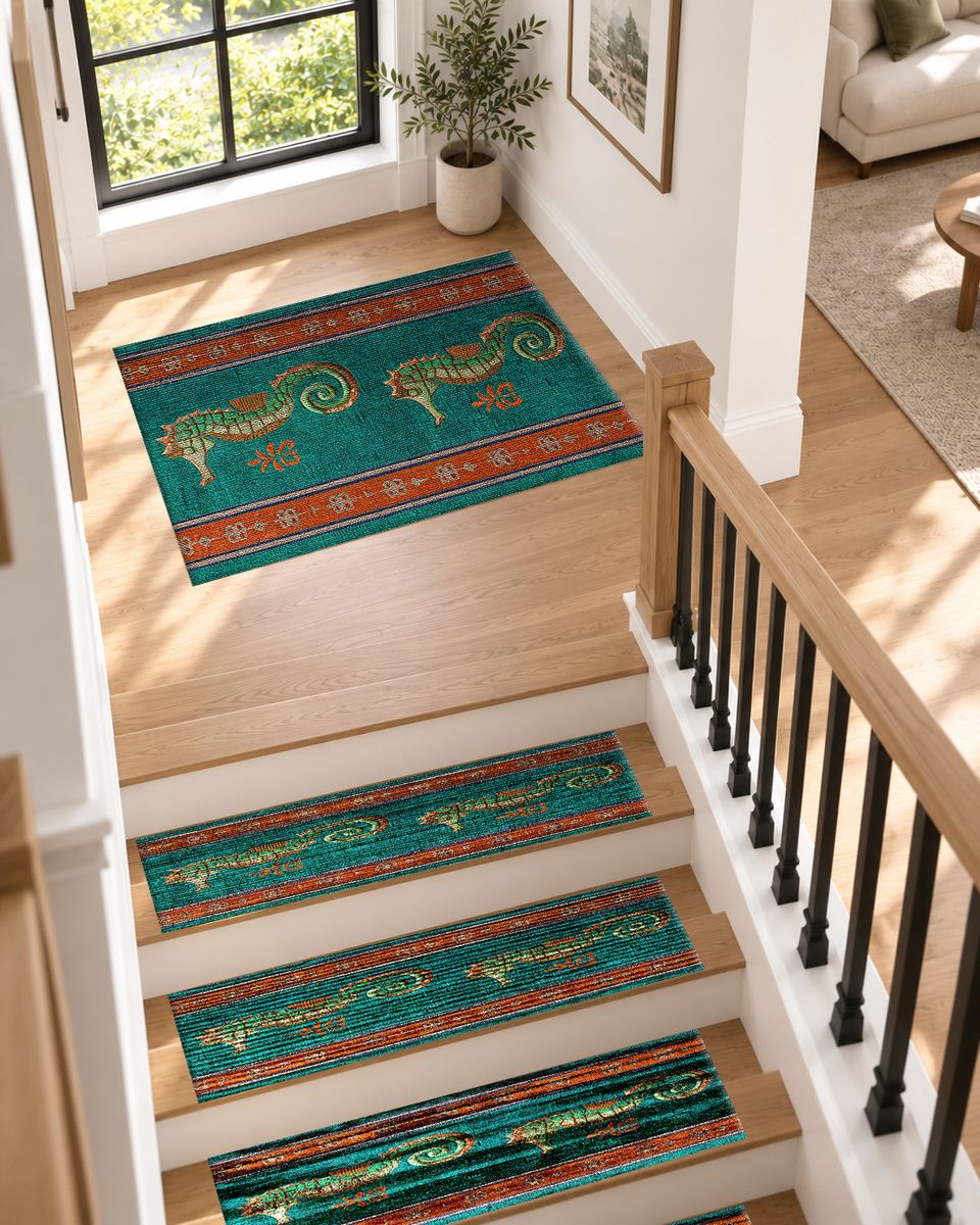 Teal Seahorse Striped Runner non-slip stair mat