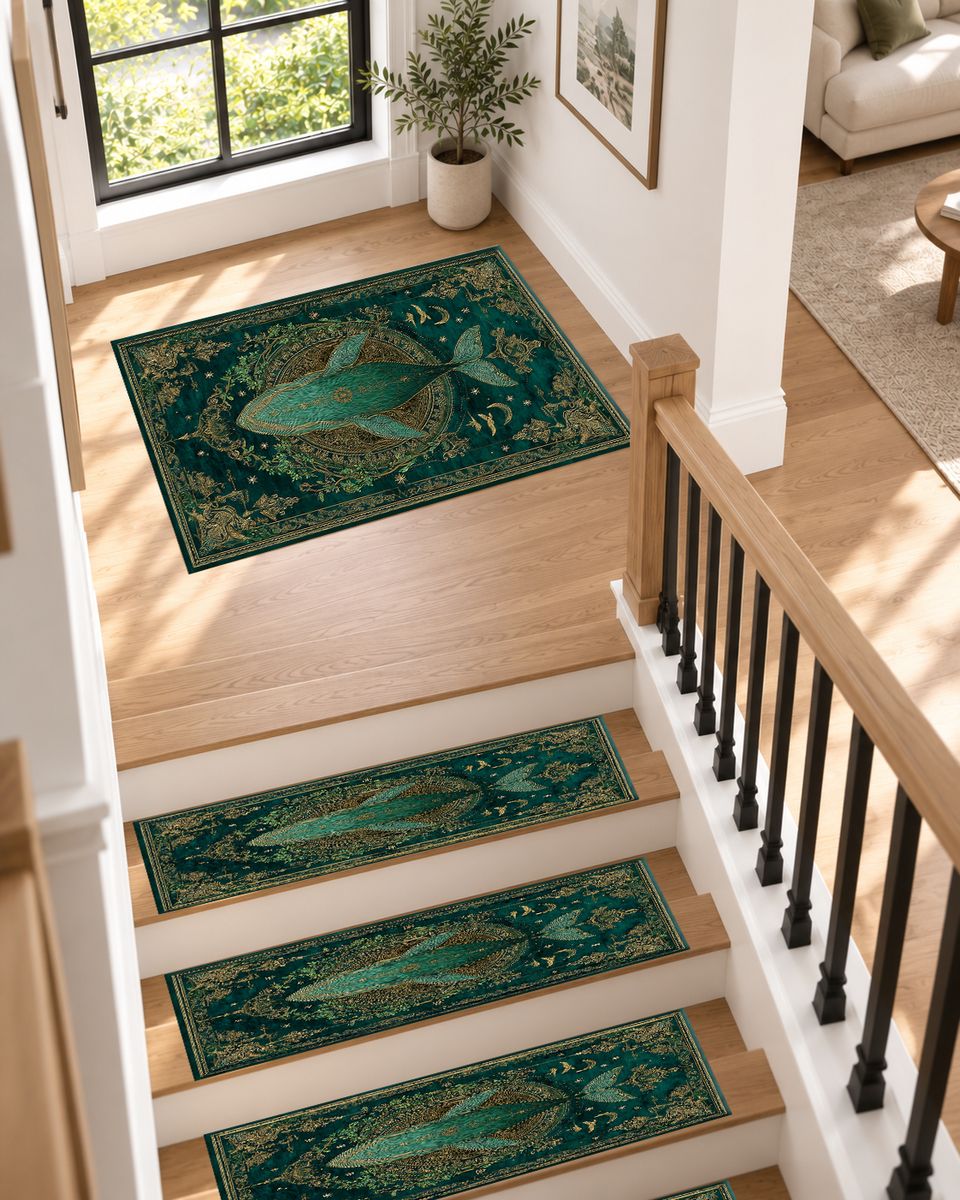 Teal Whale Celestial Medallion non-slip stair mat