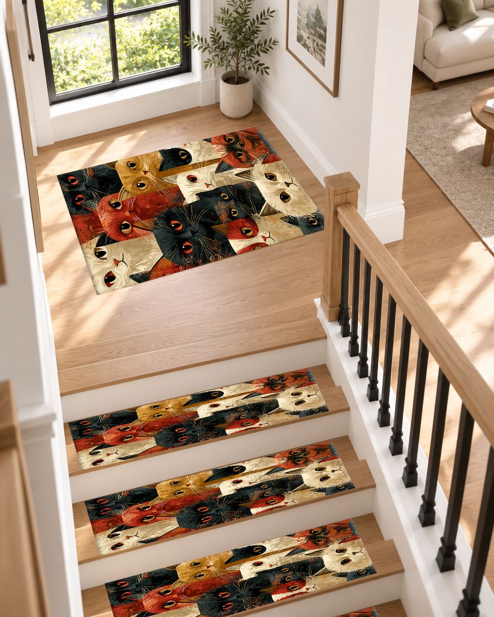 Funny Cat Faces Collage non-slip stair mat