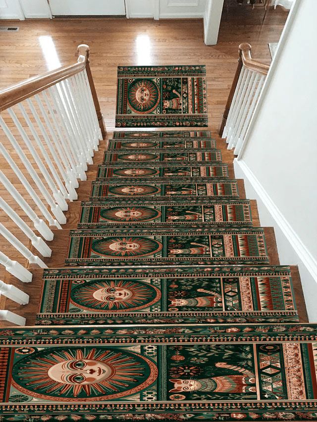 Folk Sun Face and Cat non-slip stair mat
