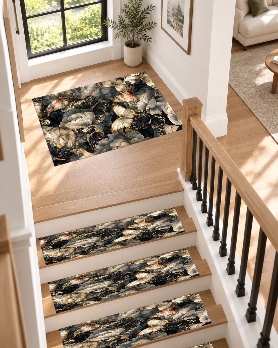 Butterflies and Dark Peonies non-slip stair mat