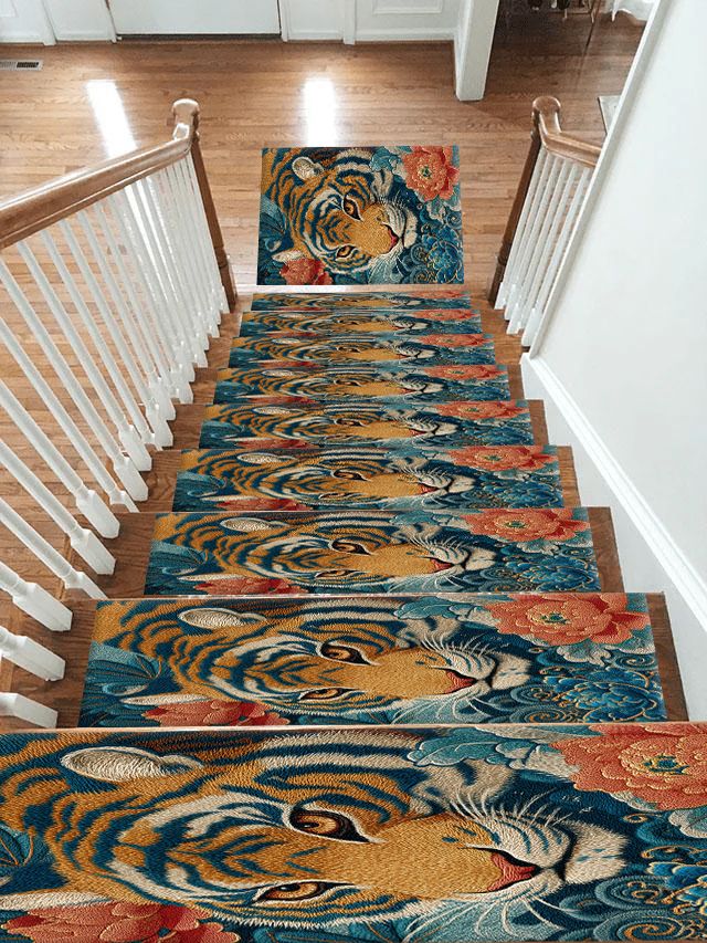 Tiger and Peony Japanese Waves non-slip stair mat