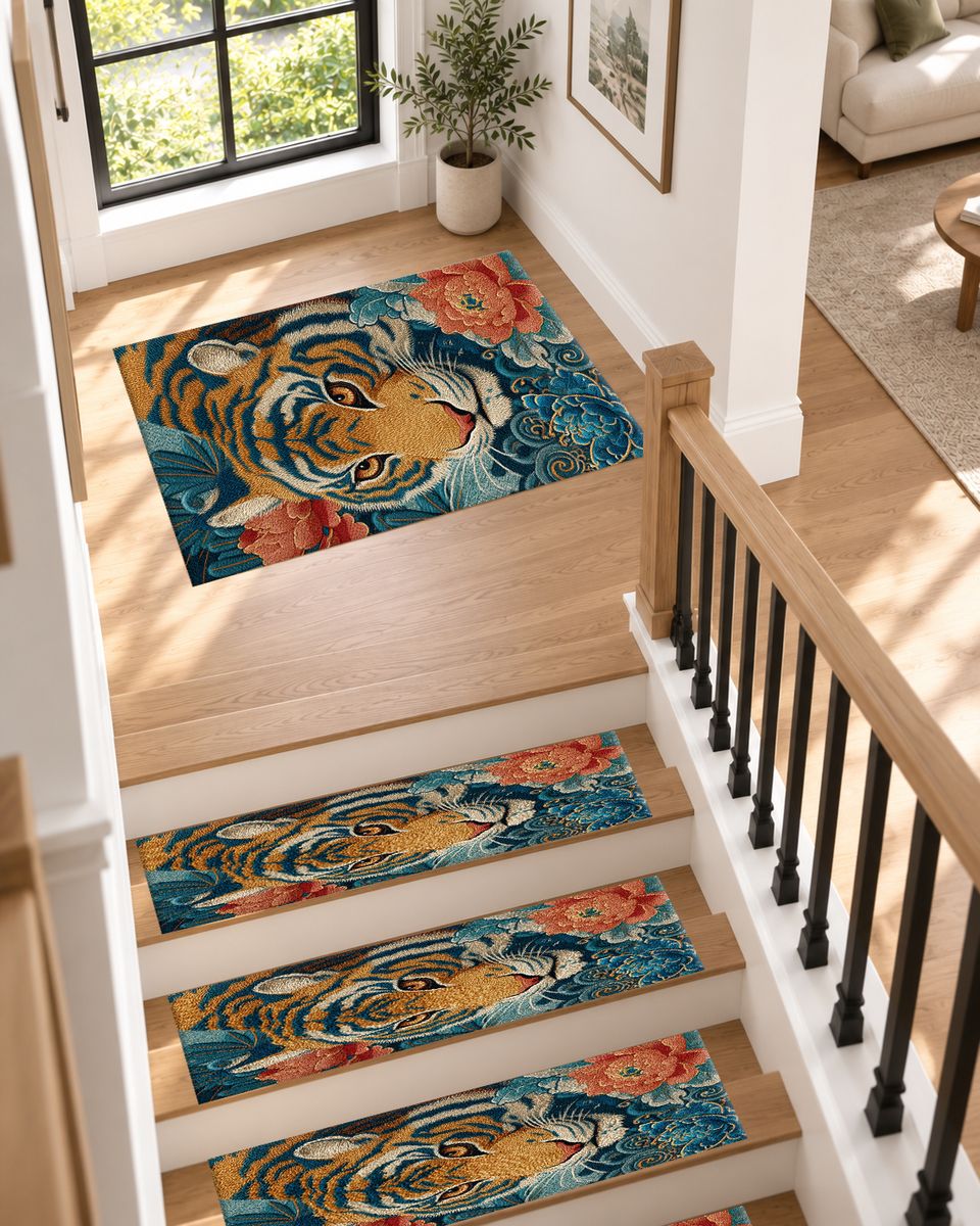 Tiger and Peony Japanese Waves non-slip stair mat