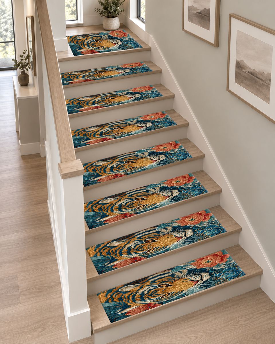 Tiger and Peony Japanese Waves non-slip stair mat