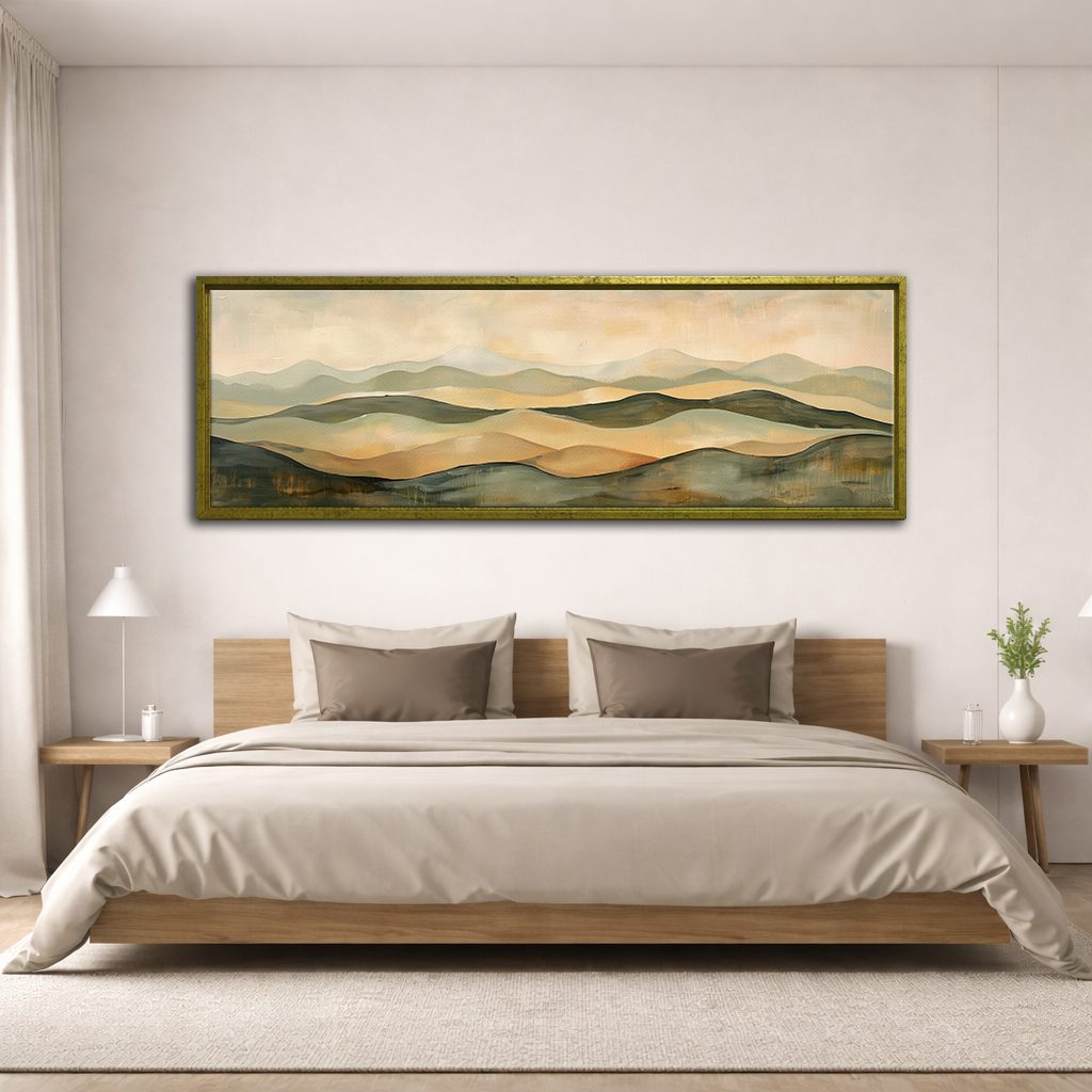 Sage and Beige Rolling Hills canvas wall art, antique gold floating frame