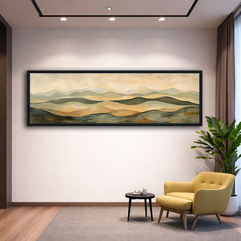 Sage and Beige Rolling Hills canvas wall art, black floating frame