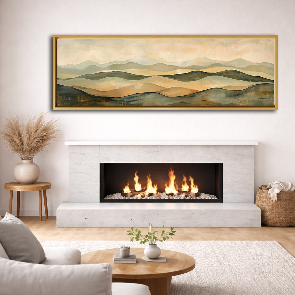 Sage and Beige Rolling Hills canvas wall art, natural wood floating frame