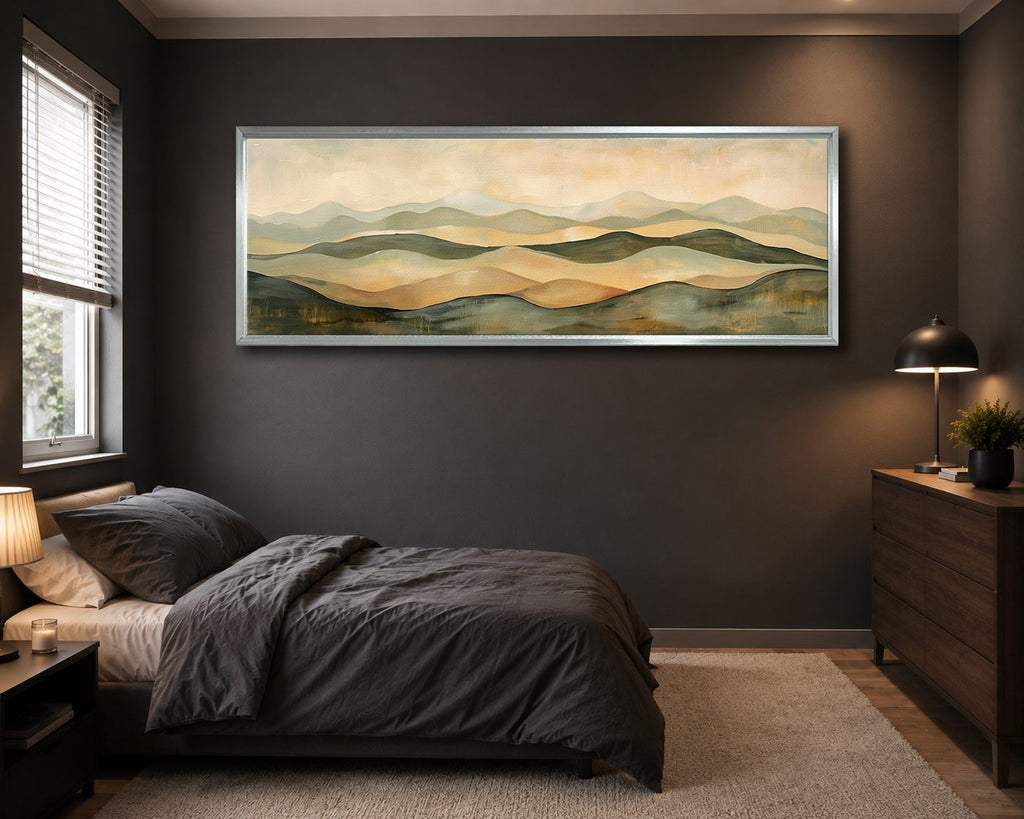 Sage and Beige Rolling Hills canvas wall art, silver floating frame