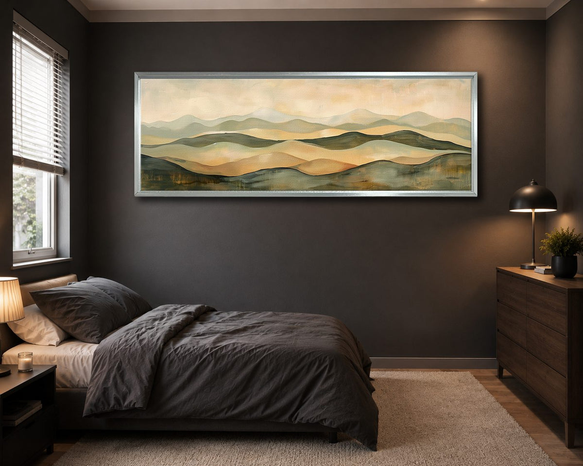 Sage and Beige Rolling Hills canvas wall art, silver floating frame