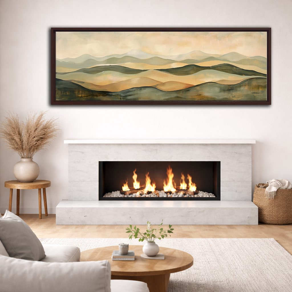 Sage and Beige Rolling Hills canvas wall art, walnut floating frame