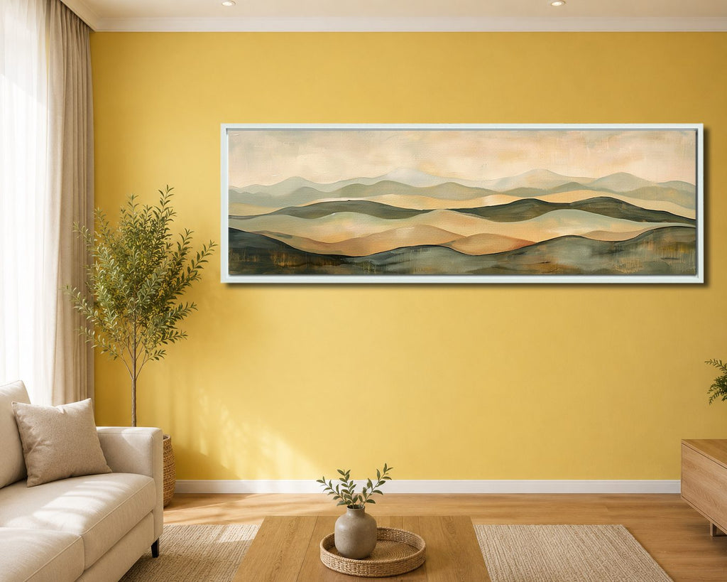 Sage and Beige Rolling Hills canvas wall art, white floating frame
