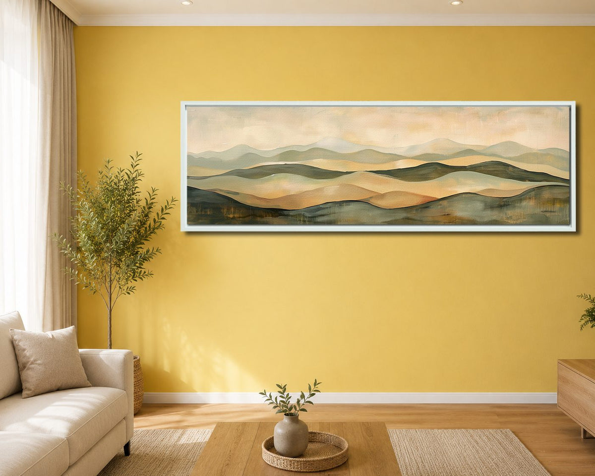 Sage and Beige Rolling Hills canvas wall art, white floating frame