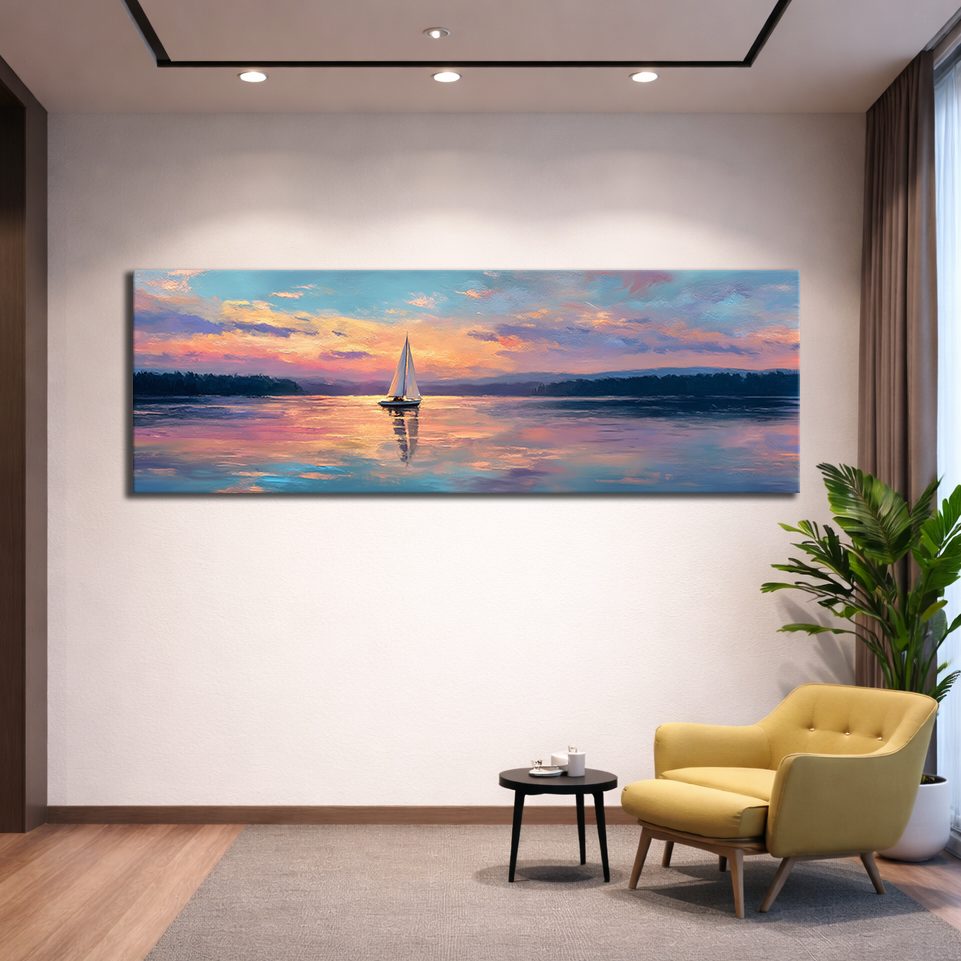 Sailboat at Pastel Sunset Lake canvas wall art, unframed canvas