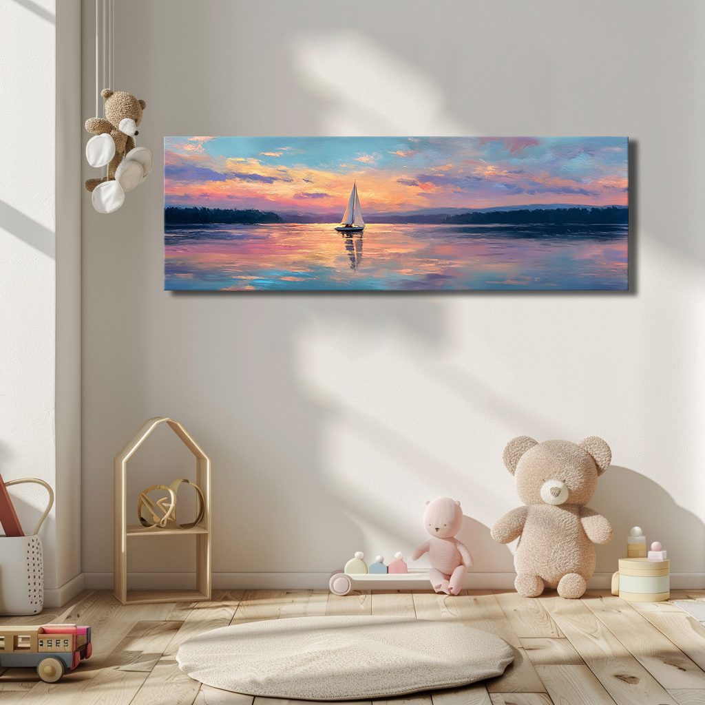Sailboat at Pastel Sunset Lake canvas wall art, unframed canvas