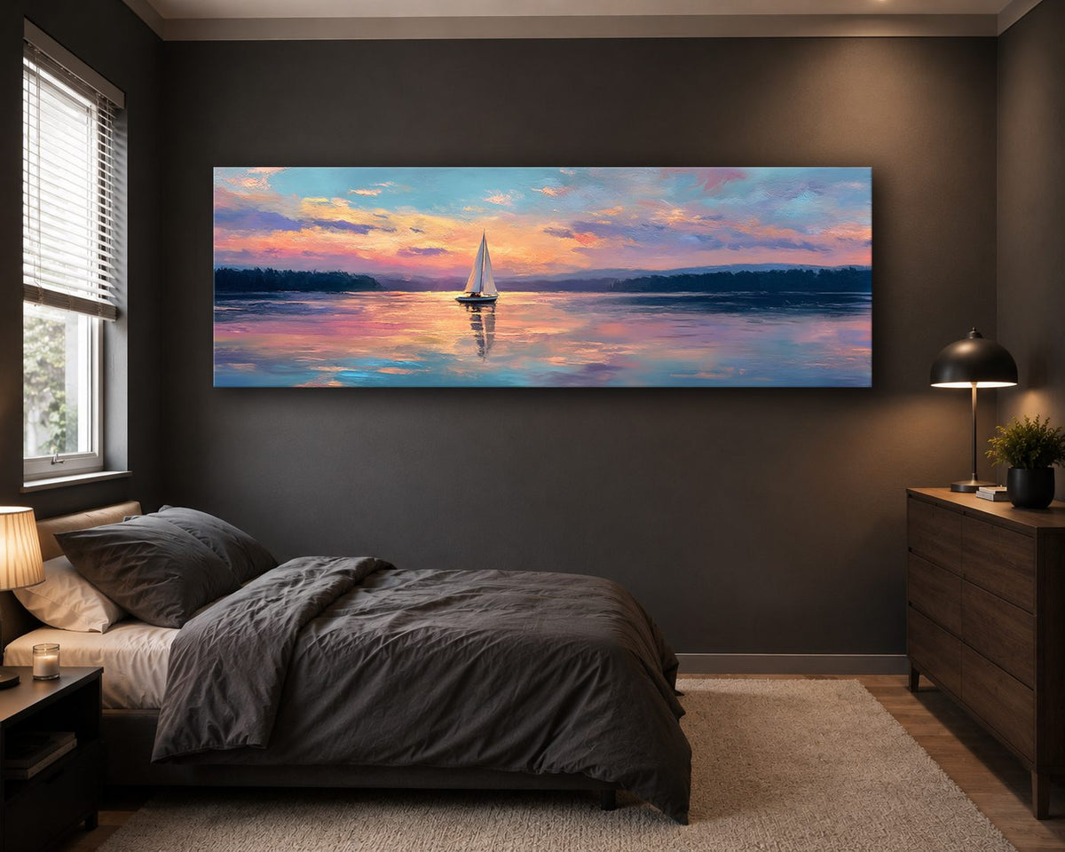 Sailboat at Pastel Sunset Lake canvas wall art, unframed canvas