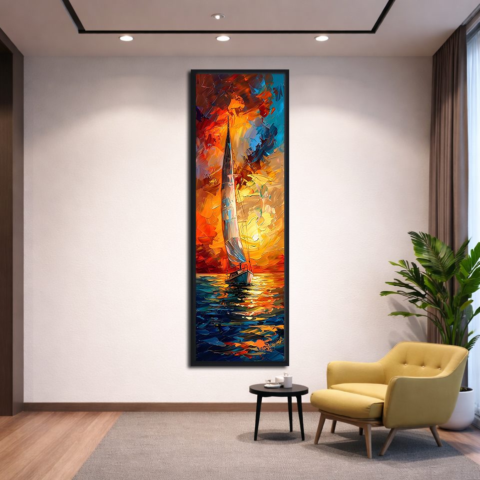 Sailboat in Fiery Sunset Palette Knife canvas wall art, black floating frame