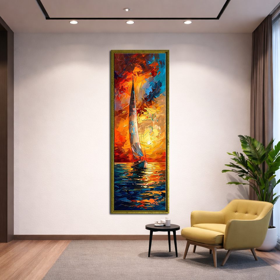Sailboat in Fiery Sunset Palette Knife canvas wall art, gold floating frame