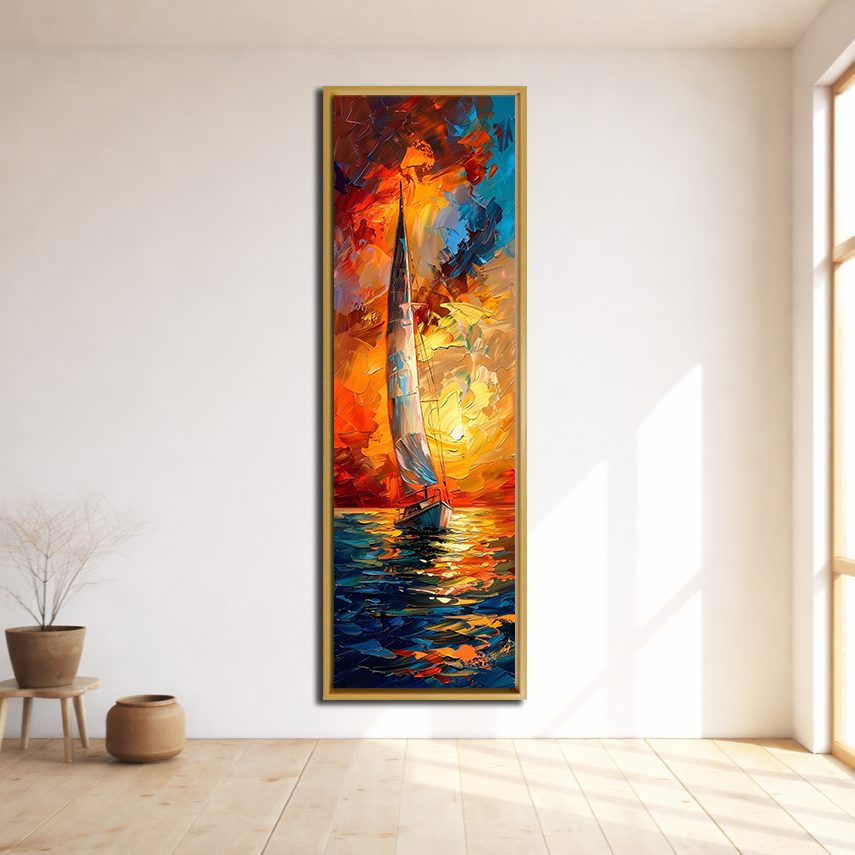 Sailboat in Fiery Sunset Palette Knife canvas wall art, natural wood floating frame