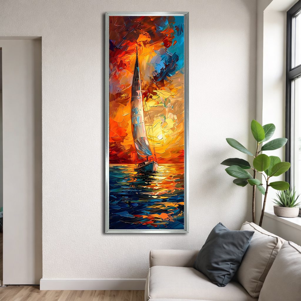 Sailboat in Fiery Sunset Palette Knife canvas wall art, silver floating frame