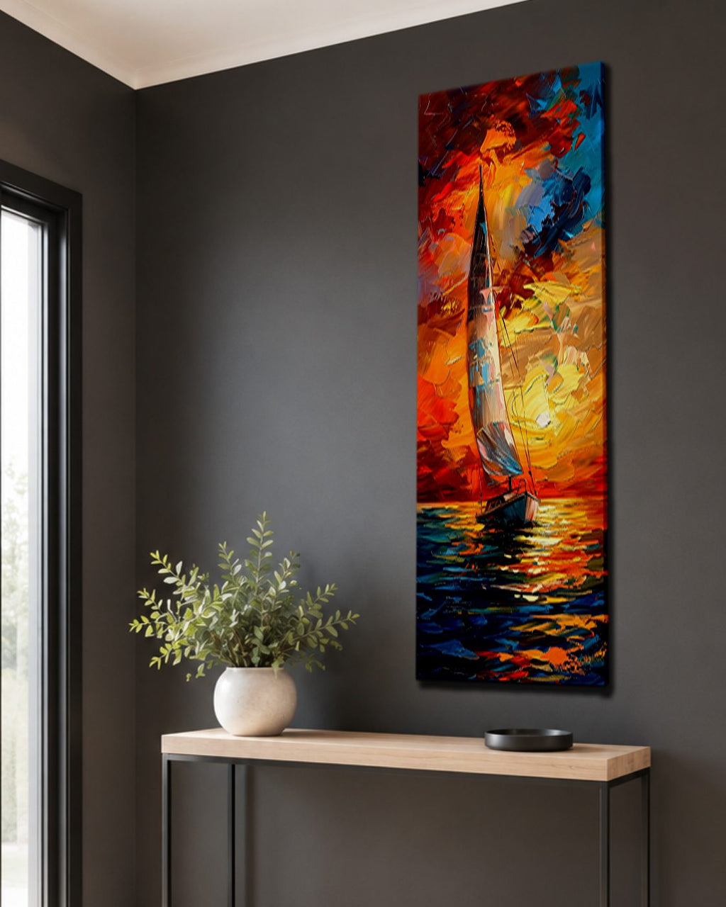 Sailboat in Fiery Sunset Palette Knife canvas wall art, unframed canvas