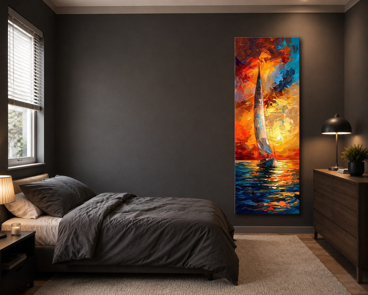 Sailboat in Fiery Sunset Palette Knife canvas wall art, unframed canvas