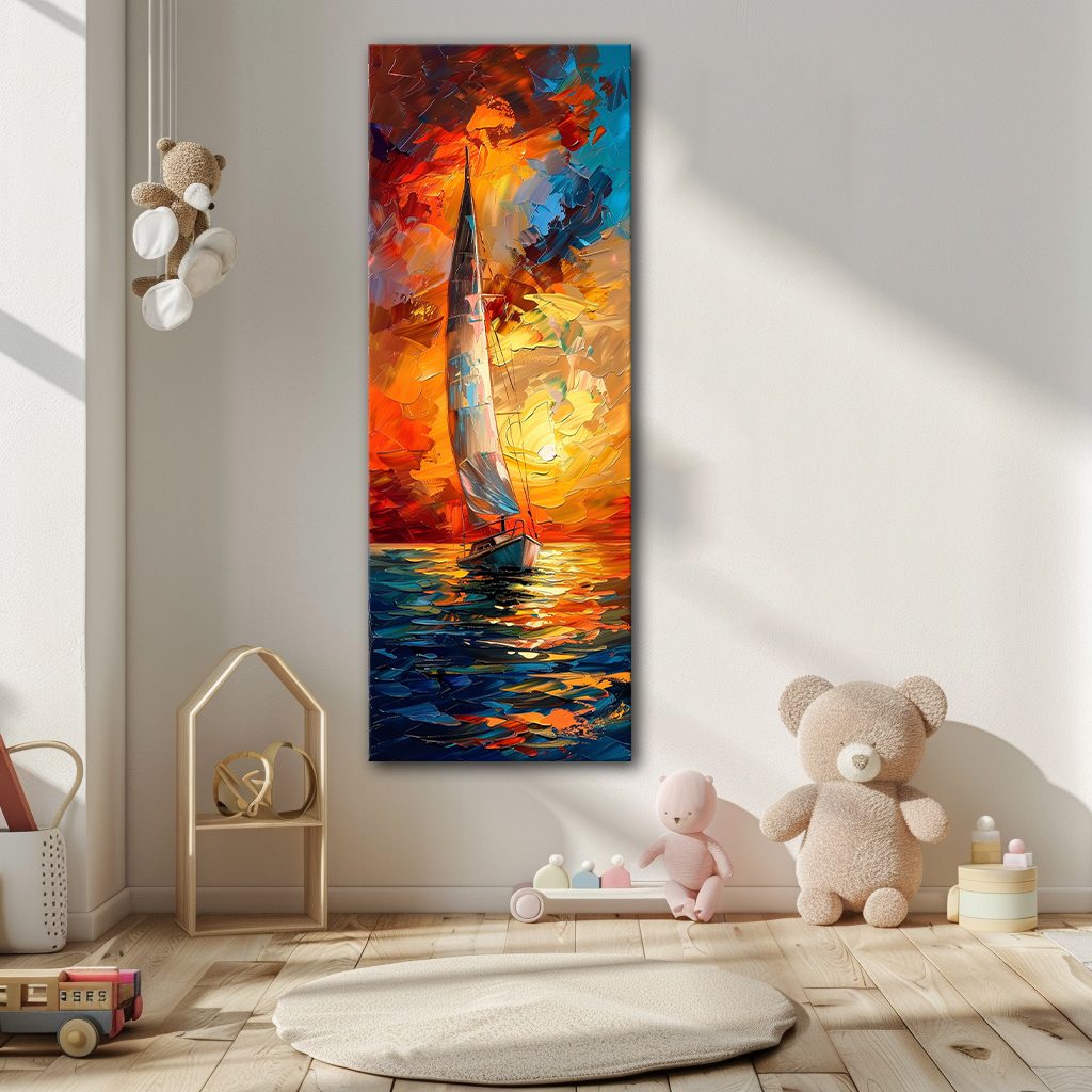 Sailboat in Fiery Sunset Palette Knife canvas wall art, unframed canvas