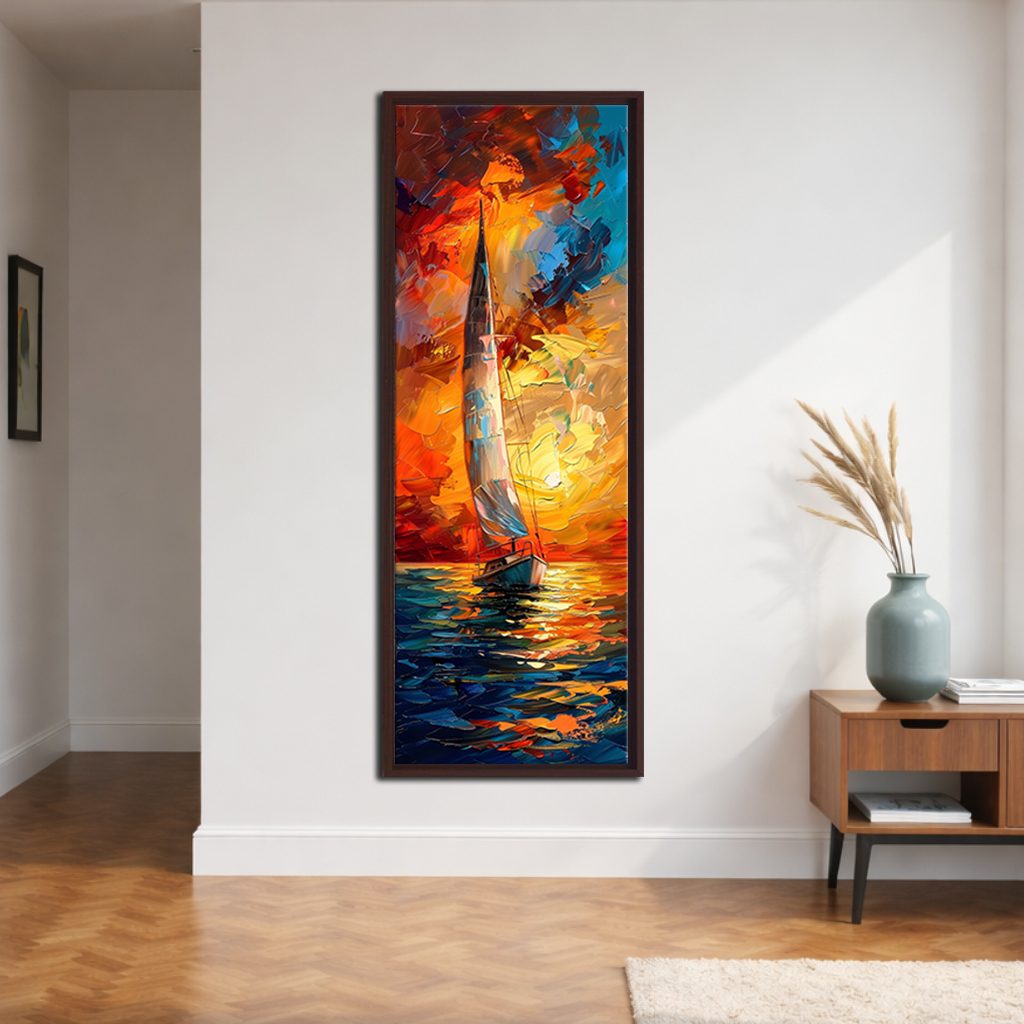 Sailboat in Fiery Sunset Palette Knife canvas wall art, walnut floating frame