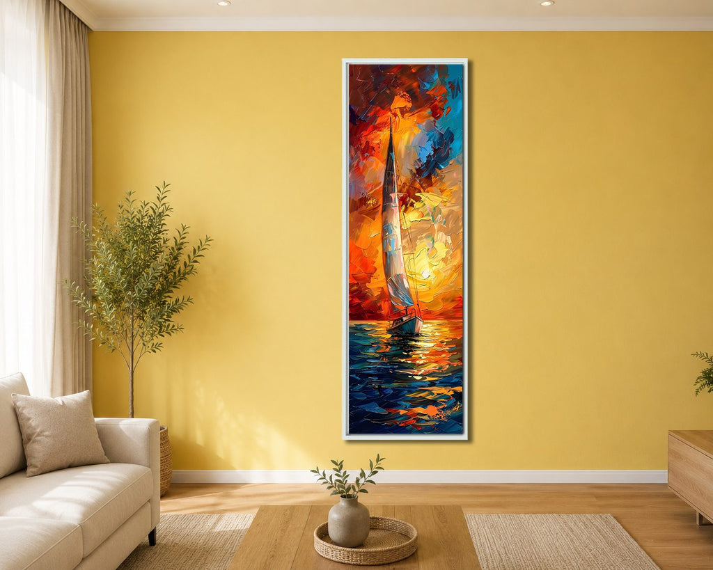 Sailboat in Fiery Sunset Palette Knife canvas wall art, white floating frame