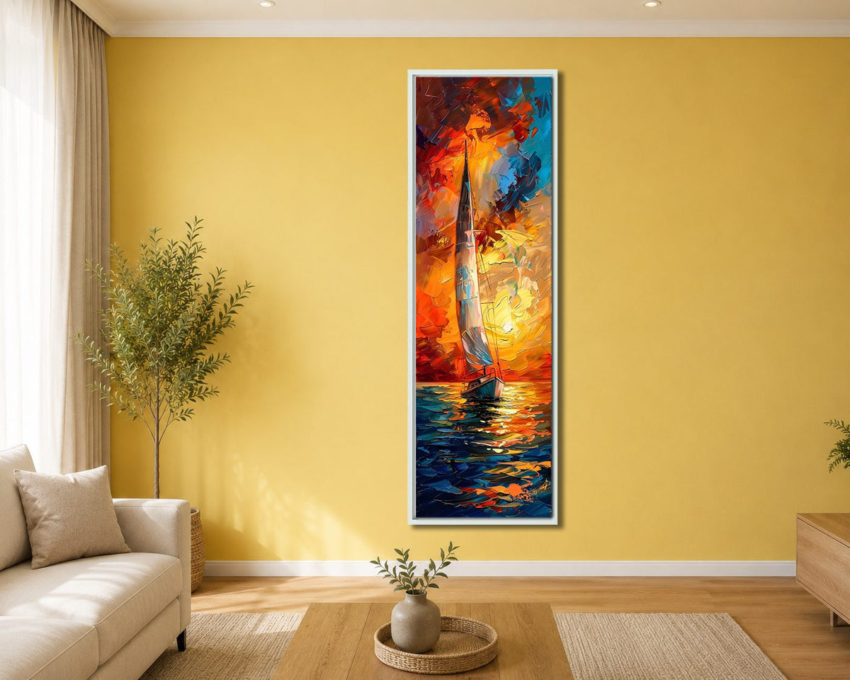 Sailboat in Fiery Sunset Palette Knife canvas wall art, white floating frame