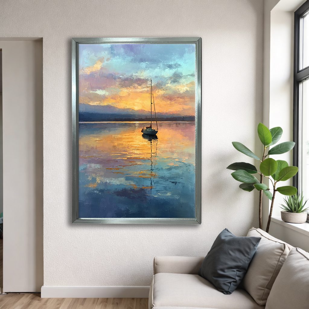 Sailboat on Golden Lake Sunset canvas wall art, silver floating frame
