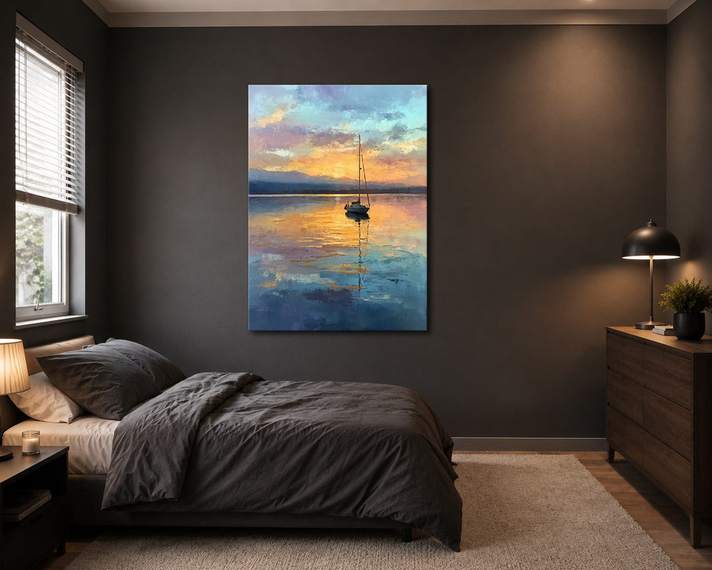 Sailboat on Golden Lake Sunset canvas wall art, unframed canvas