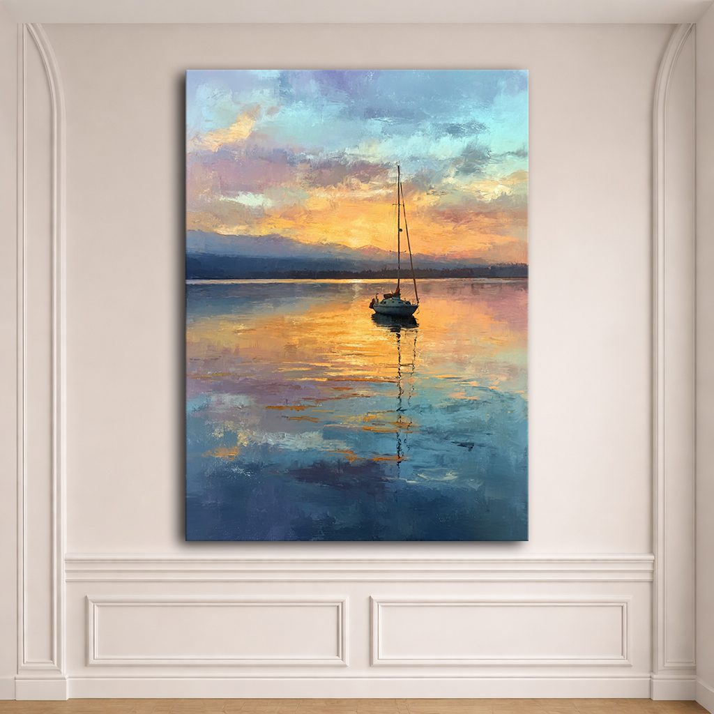 Sailboat on Golden Lake Sunset canvas wall art, unframed canvas
