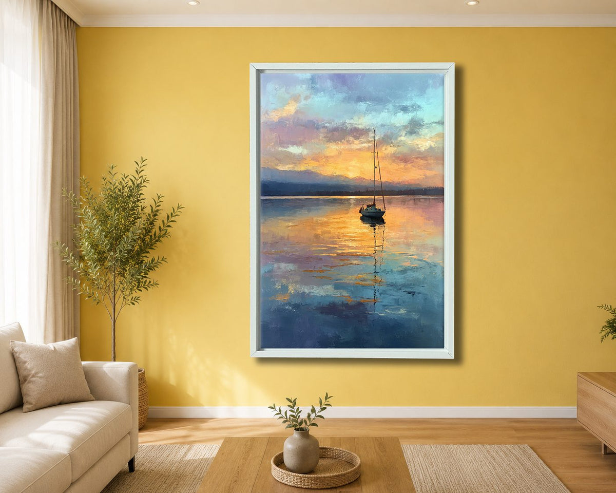 Sailboat on Golden Lake Sunset canvas wall art, white floating frame