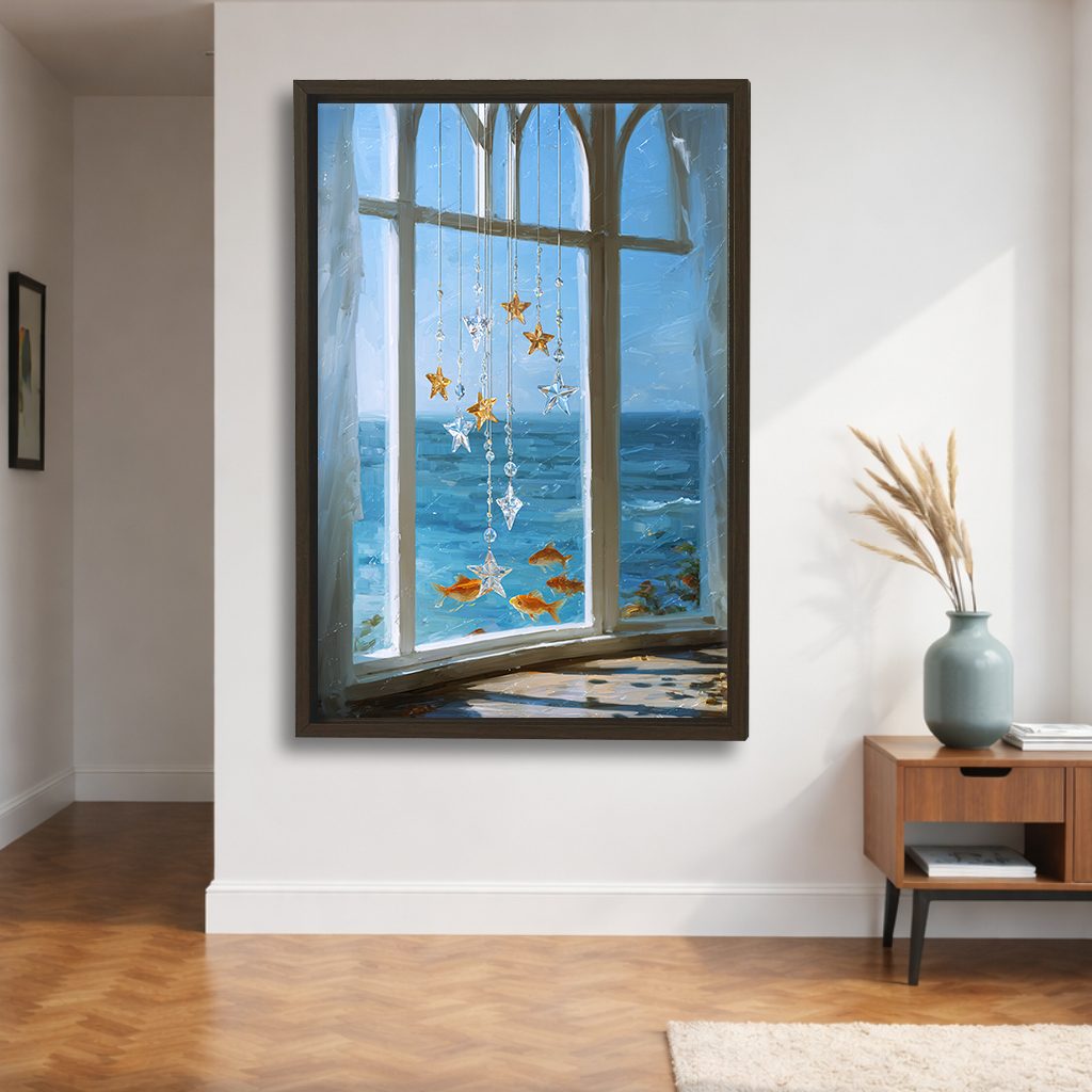 Sea View Window with Starfish canvas wall art, walnut floating frame