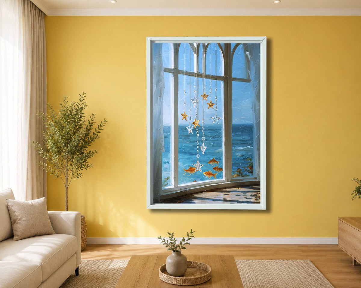 Sea View Window with Starfish canvas wall art, white floating frame