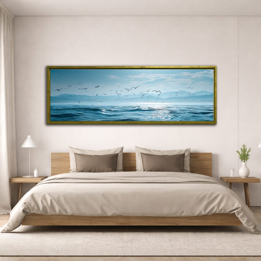 Seagulls over Blue Ocean canvas wall art, antique gold floating frame