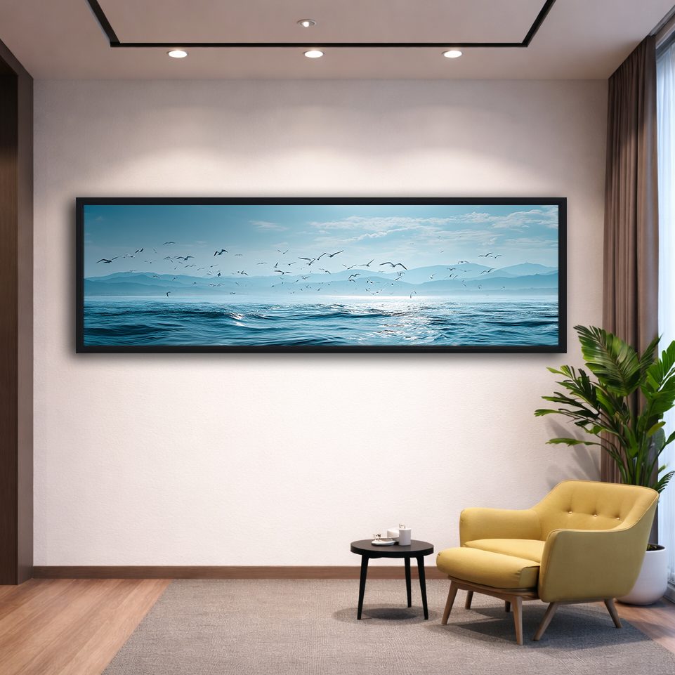 Seagulls over Blue Ocean canvas wall art, black floating frame