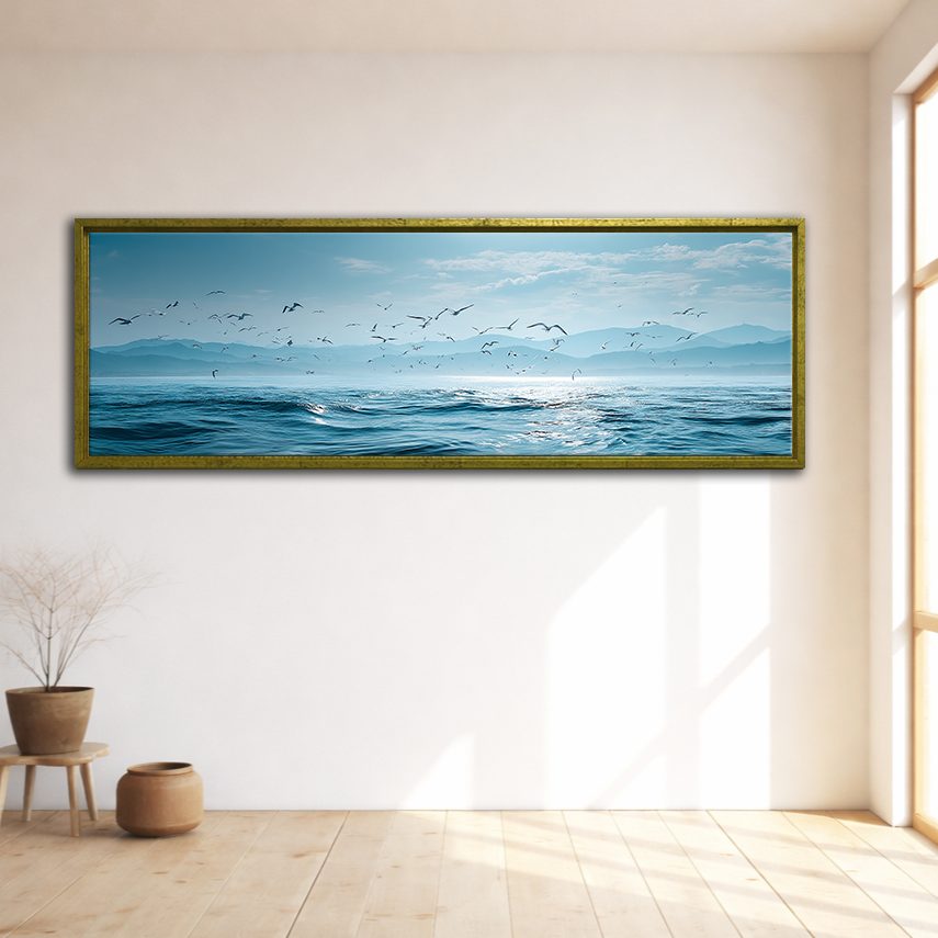 Seagulls over Blue Ocean canvas wall art, gold floating frame