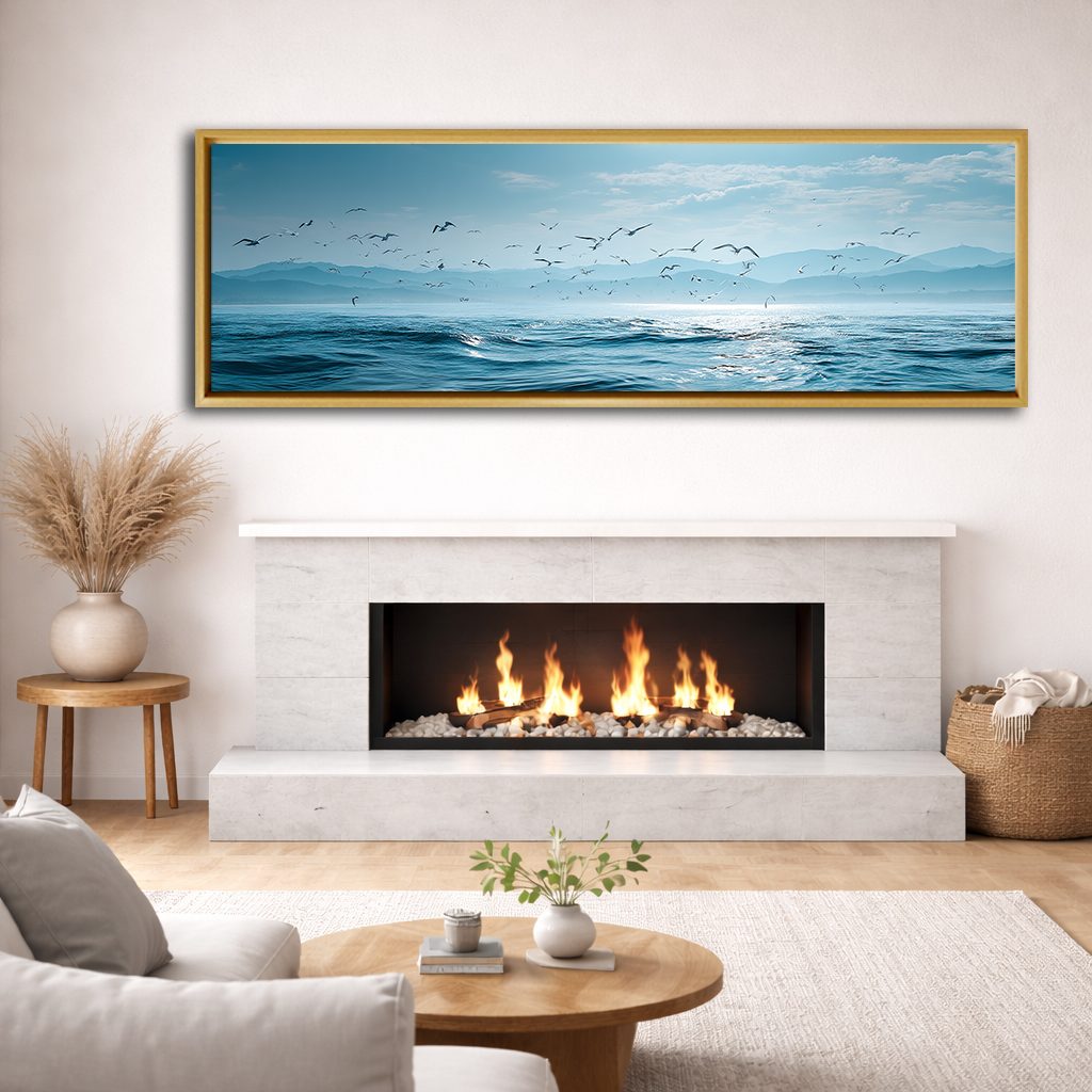 Seagulls over Blue Ocean canvas wall art, natural wood floating frame