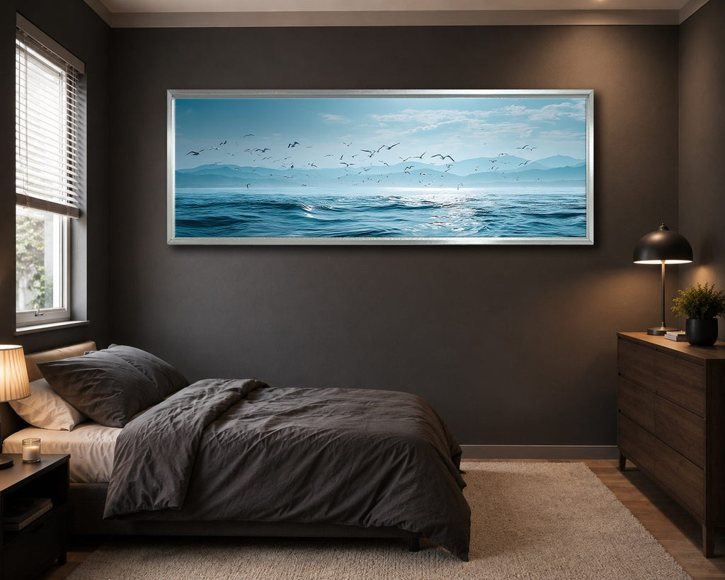 Seagulls over Blue Ocean canvas wall art, silver floating frame