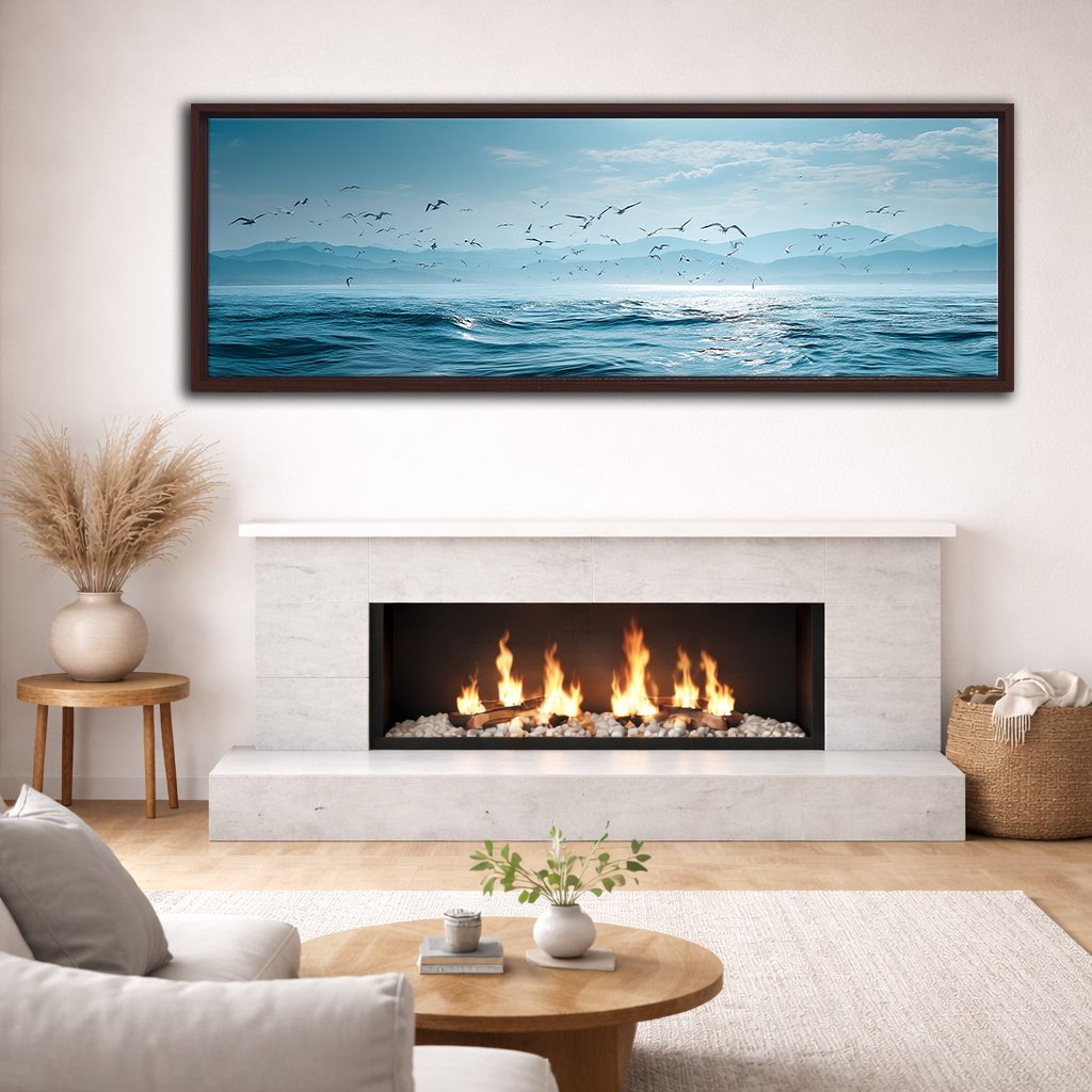 Seagulls over Blue Ocean canvas wall art, walnut floating frame