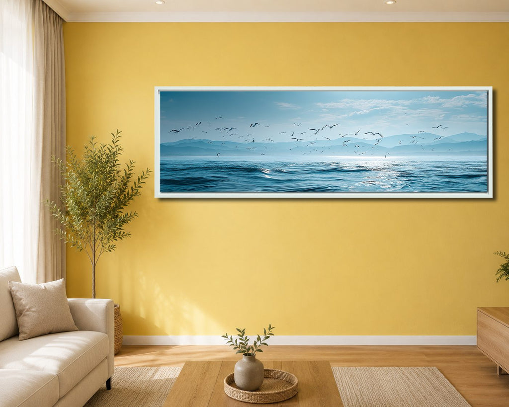 Seagulls over Blue Ocean canvas wall art, white floating frame
