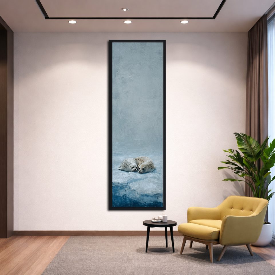 Seal Pups on Ice canvas wall art, black floating frame