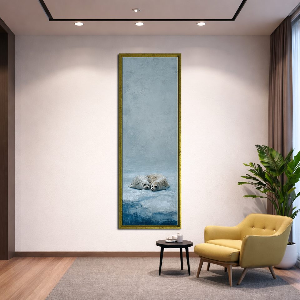 Seal Pups on Ice canvas wall art, gold floating frame