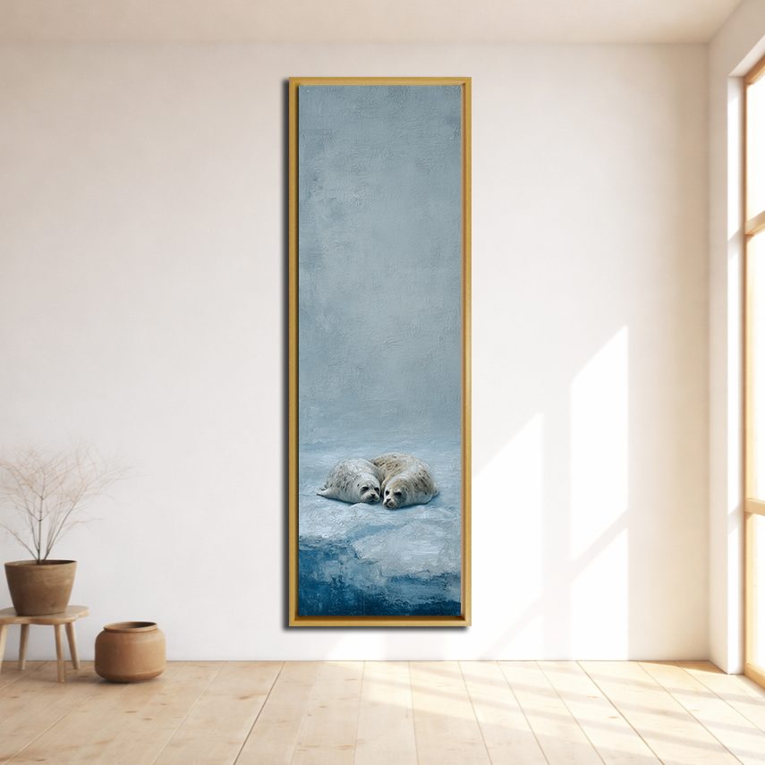 Seal Pups on Ice canvas wall art, natural wood floating frame